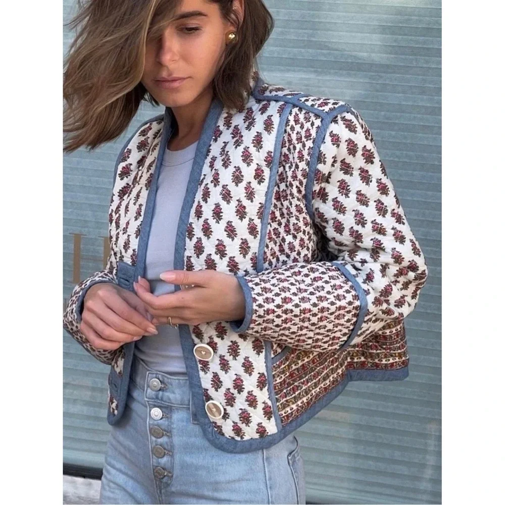 Veronica Beard Kamila Reversible Quilted Floral Jacket Blue Cream Pink Small